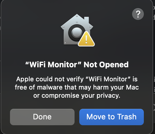 macOS dialog: WiFi Monitor Not Opened