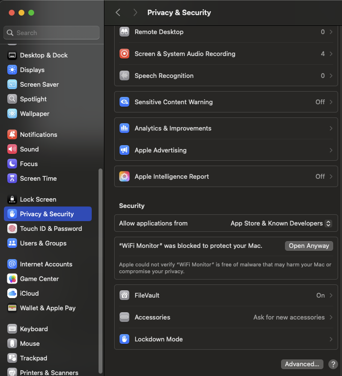 System Settings showing Open Anyway button